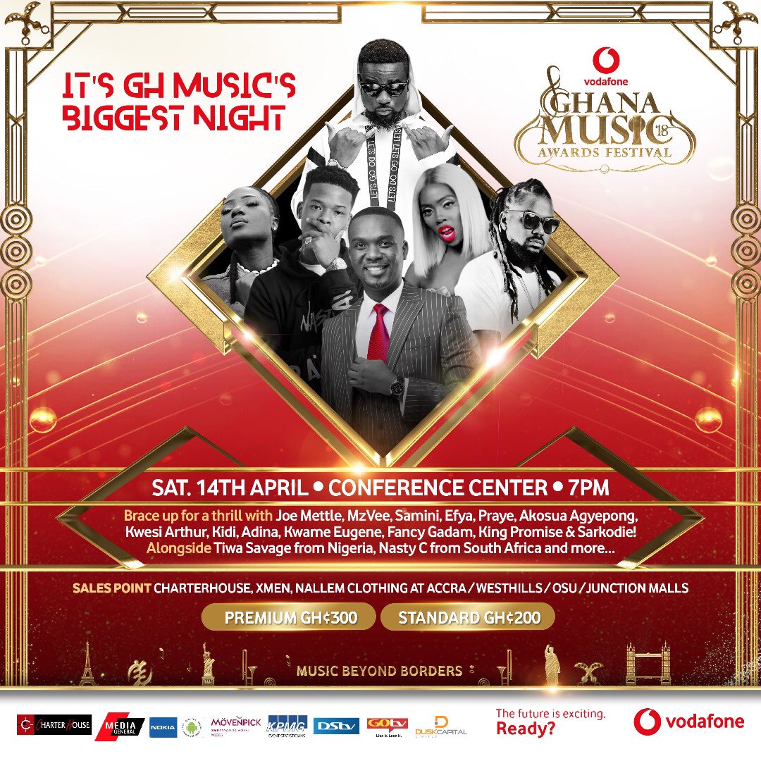 Sarkodie, Samini, Joe Mettle, Tiwa Savage And More Set To Perform At 2018 Vodafone Ghana Music Awards